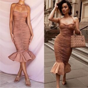 House of CB ‘Claudine’ Tan Ruffle Midi Dress